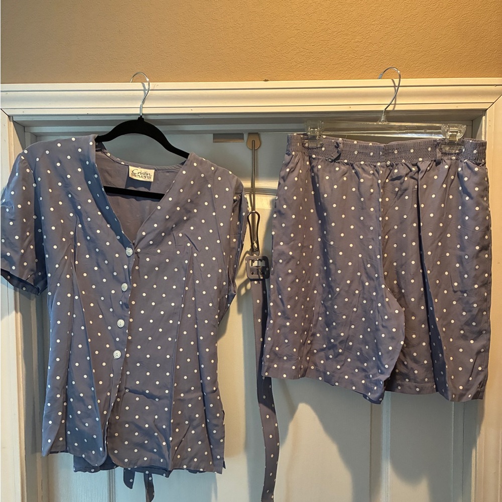 🌸 Vintage Lilac Polka Dot 2-Piece Set w/ Belt –Medium - Late 80s / Early 90s